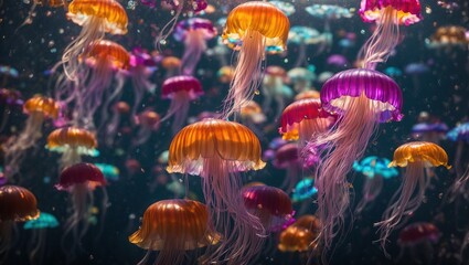 Wall Mural - a captivating close-up of several vibrant jellyfish drifting in a kaleidoscope of colors, their translucent bodies shining under the sea