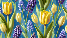 Seamless Floral Pattern With Yellow Tulip Flower And Purple Grape Hyacinth Flowers On Blue Background