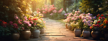 Background Of A Garden Path With Pots Of Flowers, In The Style Of Rustic Still Lifes, Lens Flares, Bright


