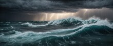 An Intense Ocean Storm That Is Causing Havoc And Danger Is Characterized By Dark, Churning Waves And Powerful Lightning Strikes.