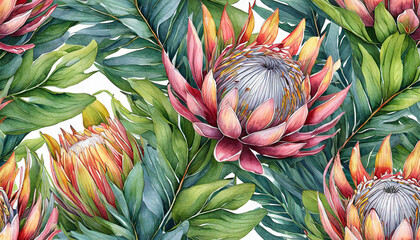  Seamless tropical pattern. Exotic background with protea flowers and tropical leaves. Vintage watercolor hand drawing illustration. Suitable for fabric design, wrapping paper, wallpaper