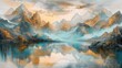 © Avve Diana - Oil painting of a mountain landscape by a lake, Abstract golden strokes of paint, details, acrylic painting.