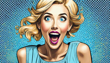 Surprised Happy Excited Young Attractive Blonde Woman With Wide Open Blue Eyes And Open Mouth, Illustration In Vintage Pop Art Comic Style
