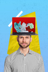 Canvas Print - Creative photo collage of handsome man in striped shirt with laptop on his head hypnotized trash info isolated over blue color background