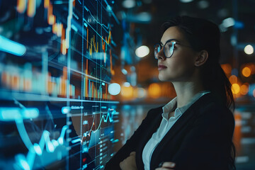 business woman looking at trading chart, digital display screen