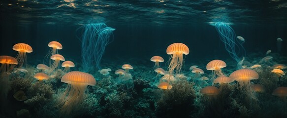 A panoramic underwater view illuminated by bioluminescent jellyfish, depicting a dark and enigmatic scene golden dazzling jellyfish