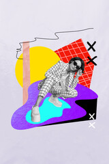 Poster - 3d retro abstract creative artwork template collage of funky cool lady enjoying retro disco isolated painting background