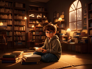 boy reading a book with a warm light at library