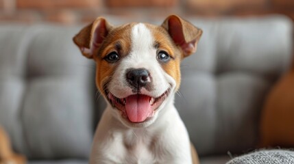 Canvas Print -  a brown and white dog sitting on top of a couch next to a gray couch with it's tongue hanging out.