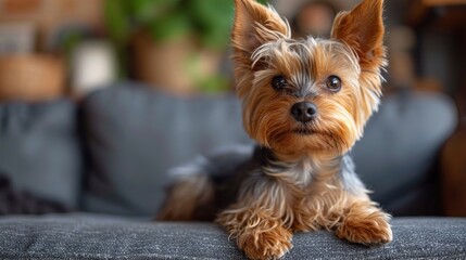 Canvas Print -  a small brown dog sitting on top of a couch next to a green plant in a living room next to a gray couch.