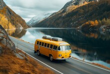 Vintage Yellow Camper Van On The Road In Norway, Scandinavia.
