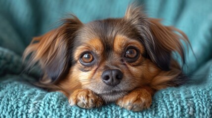 Canvas Print -  a small brown and black dog laying on top of a blue blanket on top of a blue blanket on top of a blue blanket.