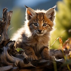 Photo of a baby lynx with tufted ears exploring the wilderness. Generative AI