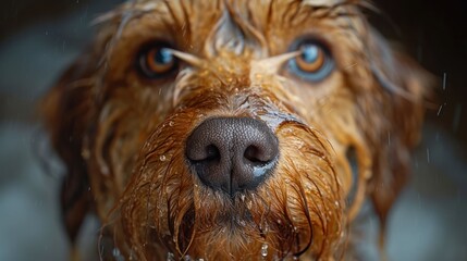 Wall Mural -  a close up of a wet dog's face with drops of water on it's nose and nose.