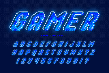 Poster - Dynamic pixel neon alphabet design, stylized like in 8-bit games.