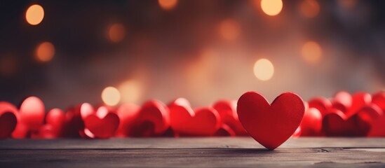Poster - Valentine's day background with red hearts and bokeh lights.Empty wooden table with red hearts.Generative AI