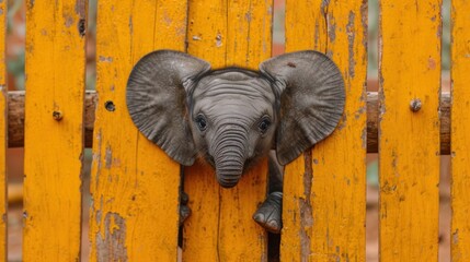 Canvas Print -  an elephant's head sticking out of the side of a wooden fence with it's trunk sticking out.