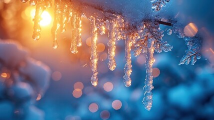 Wall Mural -  a close up of icicles on a tree branch with the sun shining through the branches and the snow on the branches.