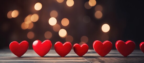 Poster - Valentines Vintage handmade hearts over Wooden Background and bokeh lights. Generative AI