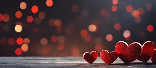 Poster - Empty wooden table with red hearts and bokeh lights. Festive background for Valentine's Day