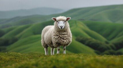 Poster -  a white sheep standing on top of a lush green hillside next to a lush green hillside with hills in the background.