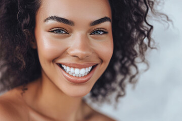 Wall Mural - Radiant Smile: Captivating Close-up Portrait of a Stunning Young Afro-American Model with Immaculate Teeth, Perfect for Dental Advertisement, Isolated on a light grey Background.