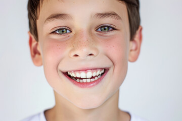 Wall Mural - Captivating Dental Advertisement: Radiant Smiles of a Charming Young Boy with Immaculate Teeth and Stylish Long Hair, Showcased in a Close-Up Portrait on a Clean White Background.