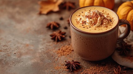 Poster -  a close up of a cup of coffee on a table with cinnamons and star anise on the side.