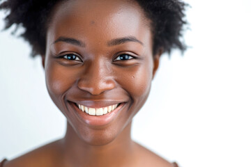 Wall Mural - Radiant Smile: Captivating Close-up Portrait of a Stunning Young Afro-American Model with Immaculate Teeth, Perfect for Dental Advertisement, Isolated on a Crisp White Background.