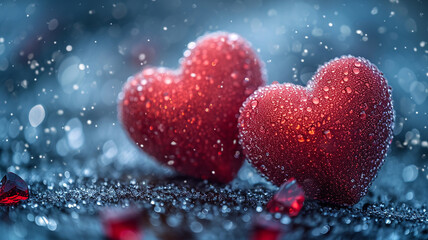 Valentines day Background of two red heart shape love made with glowing glitter bokeh image