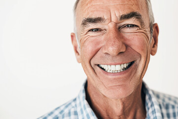 Wall Mural - a closeup photo portrait of a handsome old mature man smiling with clean teeth. for a dental ad. guy with fresh stylish hair and beard with strong jawline. isolated on white background