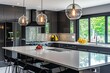 Modern gray kitchen features dark gray flat front cabinets paired with white quartz countertops and a glossy gray linear tile backsplash.