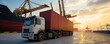 © thejokercze - Cargo truck with container in harbor with ship in background