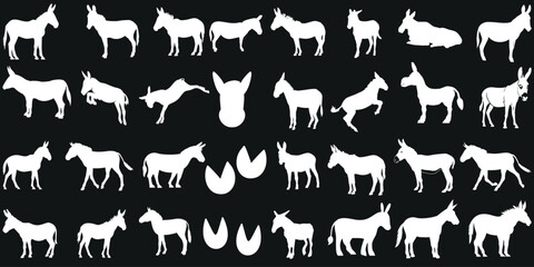 Wall Mural - donkey silhouettes in various poses, isolated on black background. perfect for logos, icons, brandin