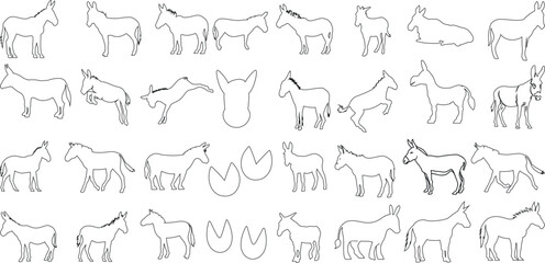 Wall Mural - Vector art of donkey outline, perfect donkeys for logo design, brand identity, and pattern creation. Black line drawing of animal illustration in various poses