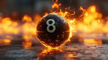 8 Ball On Fire, Dark Fantasy, Black Eight Ball Snooker Ball With Flames Around It Edges And Signs Of Extreme Heat, Generative Ai