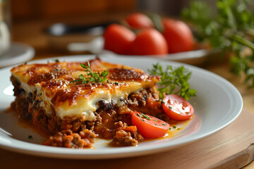 Sticker - Moussaka, delectable Mediterranean dish with layers of seasoned ground meat, eggplant & potatoes, harmoniously baked together beneath a creamy béchamel sauce until achieving a golden-brown perfection