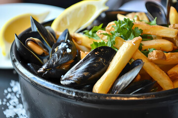 Wall Mural - Moules-frites, a classic Belgian dish, consists of plump, succulent mussels steamed to perfection in a delectable broth of white wine, garlic, and herbs, served alongside crisp and golden French fries
