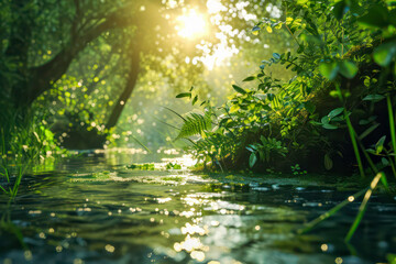 Wall Mural - forest creek in warm sunlight