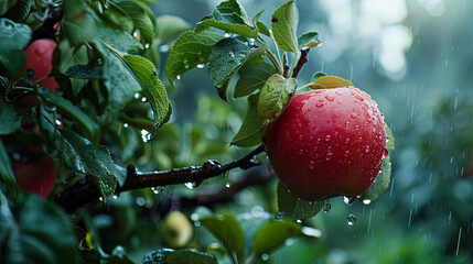 A beautiful apple on a branch on a cloudy day, among the drops of rain and fresh herbs