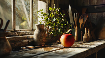 A bright apple on an old windowsill, surrounded by antique utensils and the light of the morning s