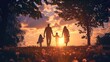 people in the park. happy family walking silhouette at sunset. mom dad and daughters walk holding hands in park. happy family childhood dream concept.