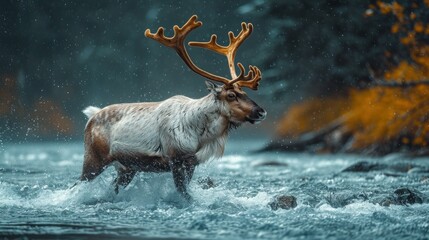 Poster -  a close up of a deer in a body of water with a lot of snow on it's head and it's antlers in it's mouth.