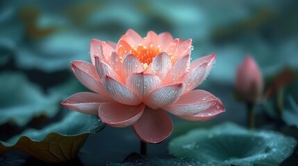 Sticker -  a close up of a pink water lily with drops of water on it's petals and leaves in the foreground, with a blue sky in the background.