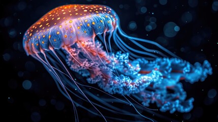 Poster -  a close up of a jellyfish in a body of water with blue and yellow bubbles on it's back and a black background with white and yellow dots.