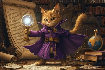 Wall Mural - cartoon Kitten Wizard wearing purple coat and cape and holding magic Wand with luminescent globe, antique scroll and magic books library background,