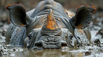 Wall Mural -  a close up of a rhinoceros in a body of water with it's head above the water's surface, with it's eyes partially submerged in the water.