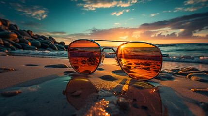 Wall Mural - sunglasses on the evening beach at sunset