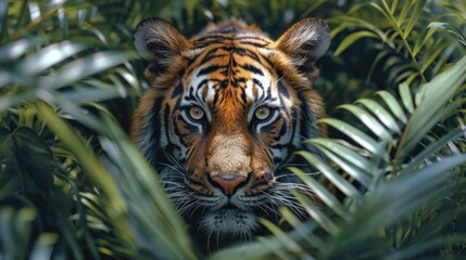 Poster -  a close up of a tiger's face through the leaves of a palm tree in front of a blurry image of another tiger's face in the background.