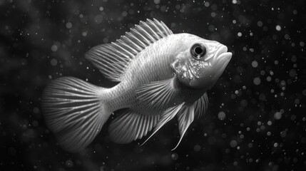 Canvas Print -  a black and white photo of a goldfish in the water with bubbles of water on it's side and a black background with a little bit of snow.